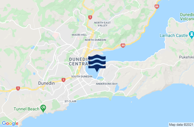Mapa da tábua de marés em Andersons Bay Inlet, New Zealand
