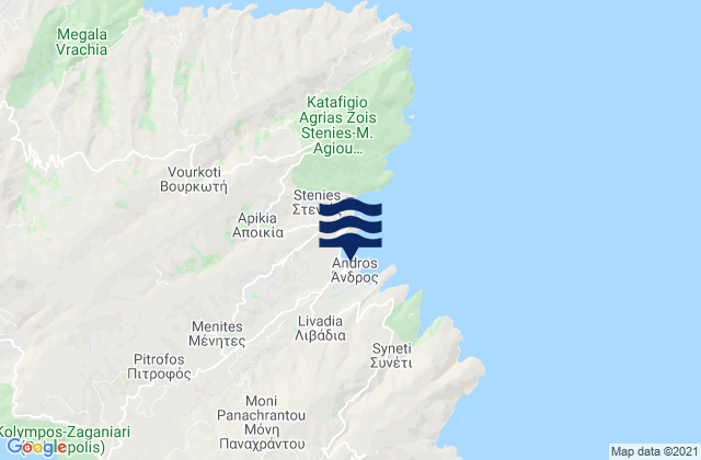Mapa da tábua de marés em Andros, Greece
