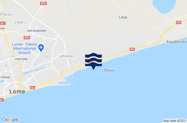 Mapa da tábua de marés em Anecho Beach, Togo