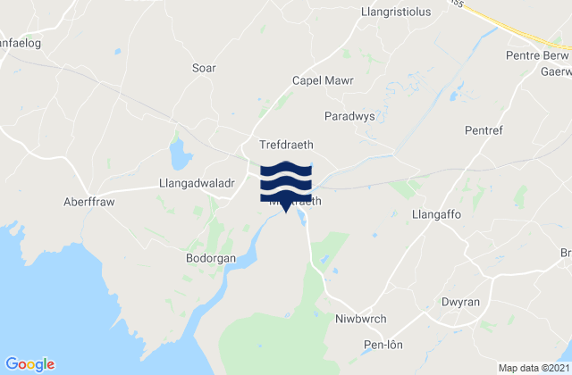 Mapa da tábua de marés em Anglesey, United Kingdom