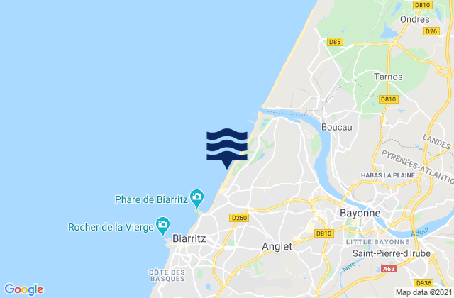 Mapa da tábua de marés em Anglet - Corsaires, France