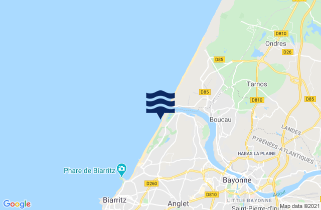 Mapa da tábua de marés em Anglet - Les Cavaliers, France