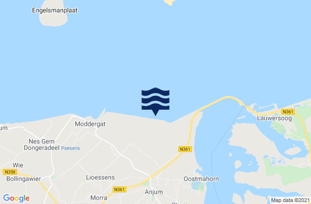 Mapa da tábua de marés em Anjum, Netherlands