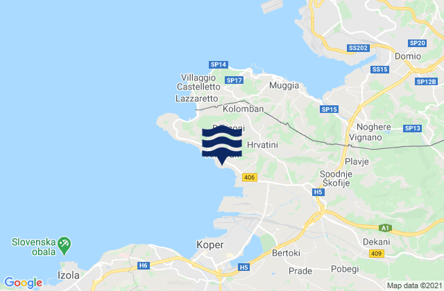 Mapa da tábua de marés em Ankaran, Slovenia