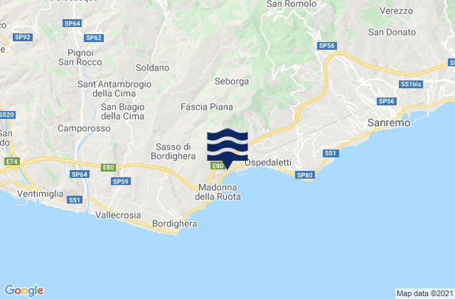 Mapa da tábua de marés em Apricale, Italy