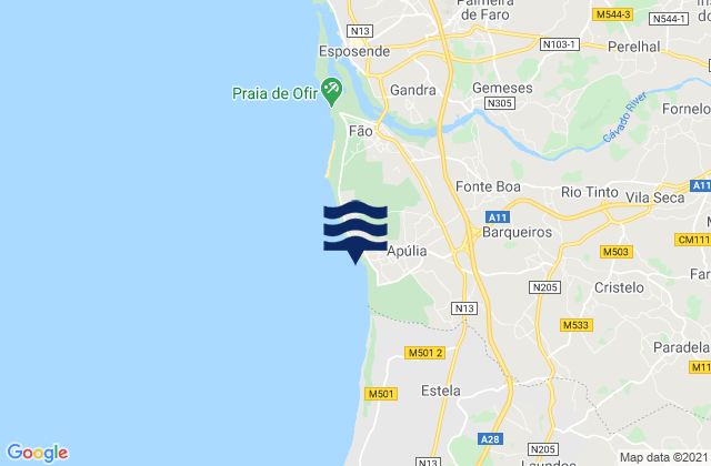 Mapa da tábua de marés em Apúlia, Portugal