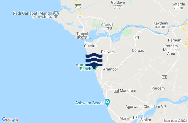 Mapa da tábua de marés em Arambol Beach, India