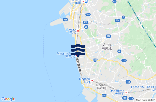 Mapa da tábua de marés em Arao Shi, Japan