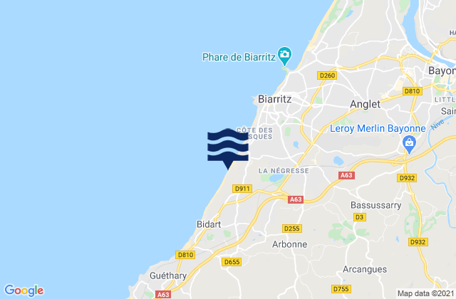 Mapa da tábua de marés em Arbonne, France