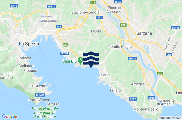Mapa da tábua de marés em Arcola, Italy