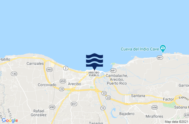 Mapa da tábua de marés em Arecibo Barrio-Pueblo, Puerto Rico