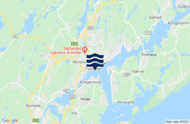 Mapa da tábua de marés em Arendal, Norway