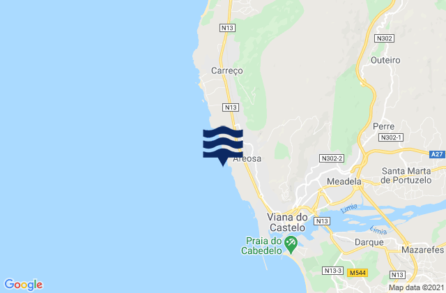 Mapa da tábua de marés em Areosa, Portugal