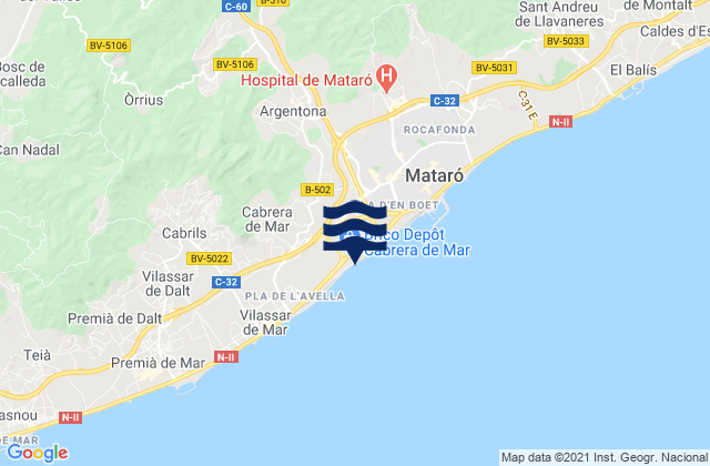 Mapa da tábua de marés em Argentona, Spain