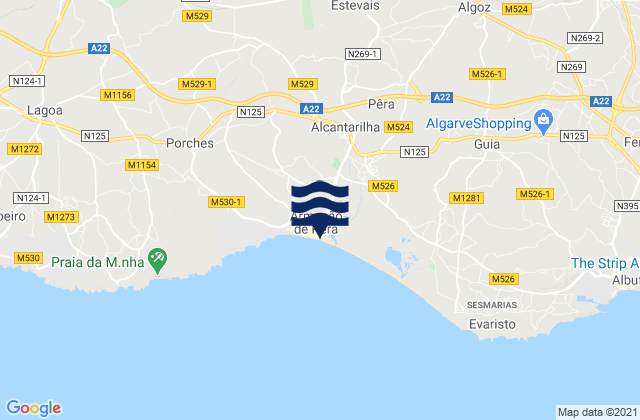 Mapa da tábua de marés em Armação de Pêra, Portugal