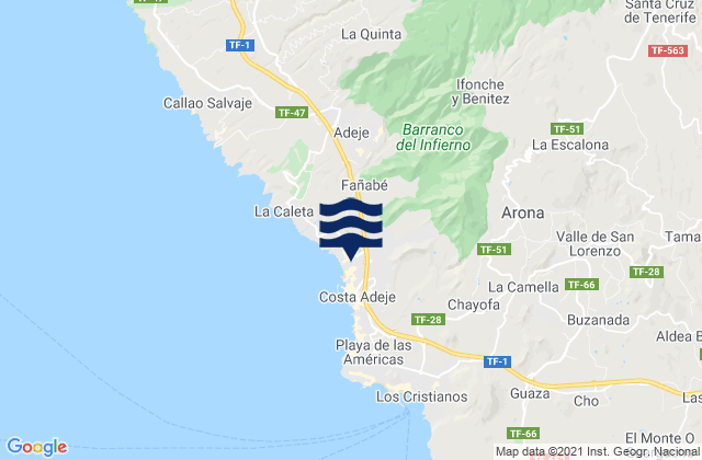 Mapa da tábua de marés em Arona, Spain
