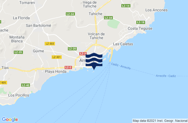 Mapa da tábua de marés em Arrecife, Spain