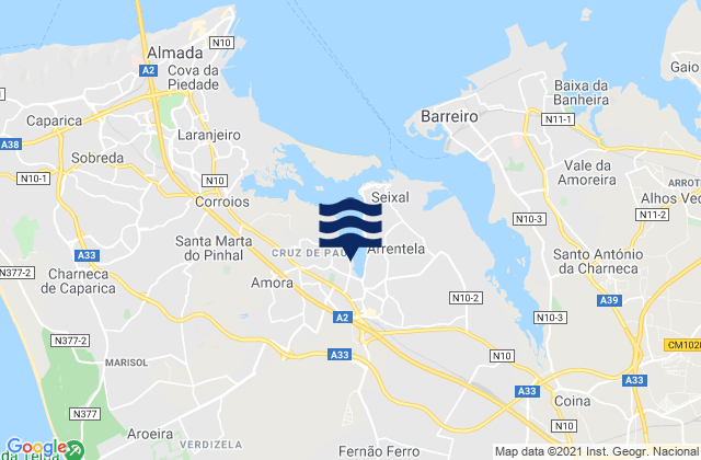 Mapa da tábua de marés em Arrentela, Portugal