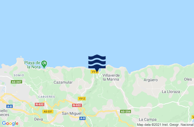 Mapa da tábua de marés em Arriba, Spain