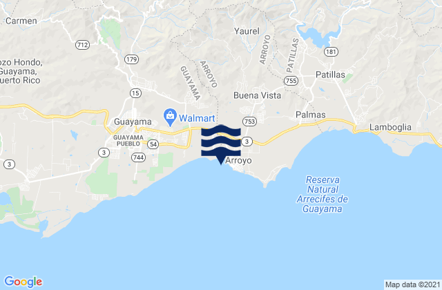 Mapa da tábua de marés em Arroyo, Puerto Rico