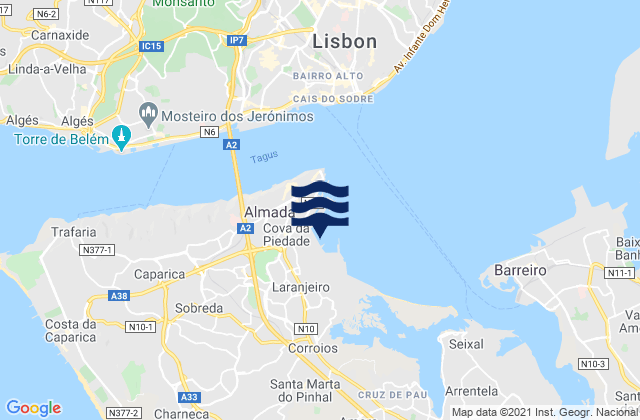 Mapa da tábua de marés em Arsenal do Alfeite, Portugal