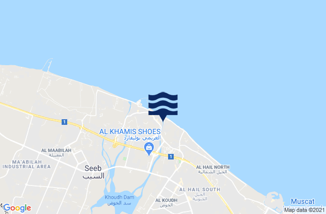 Mapa da tábua de marés em As Sib, Iran