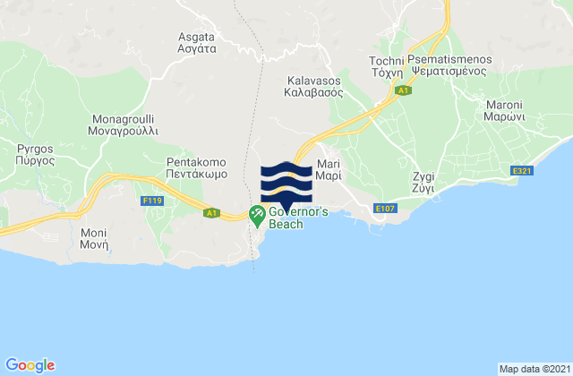 Mapa da tábua de marés em Asgáta, Cyprus