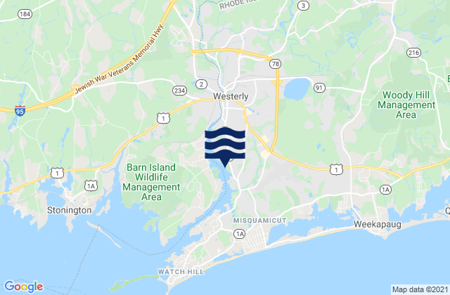 Mapa da tábua de marés em Ashaway, United States