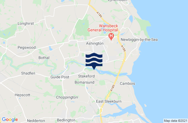 Mapa da tábua de marés em Ashington, United Kingdom