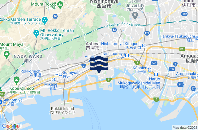 Mapa da tábua de marés em Ashiya, Japan