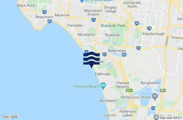 Mapa da tábua de marés em Aspendale, Australia