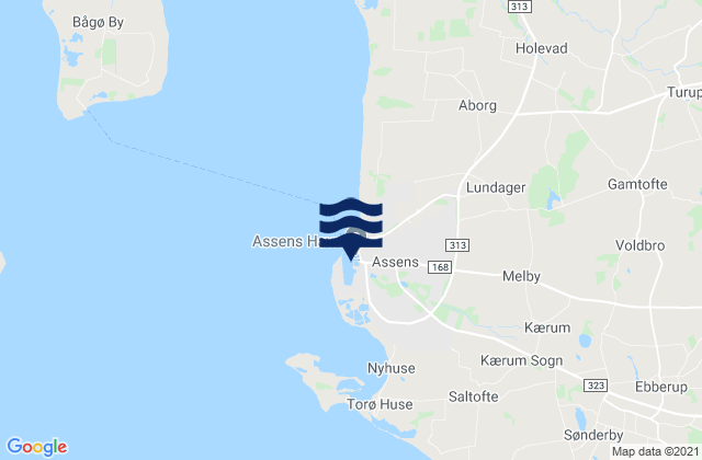Mapa da tábua de marés em Assens, Denmark