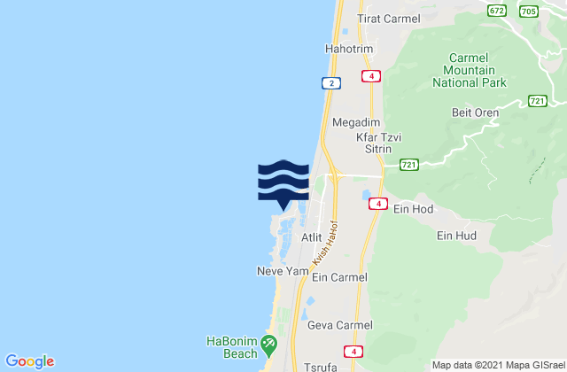 Mapa da tábua de marés em Atlit, Israel