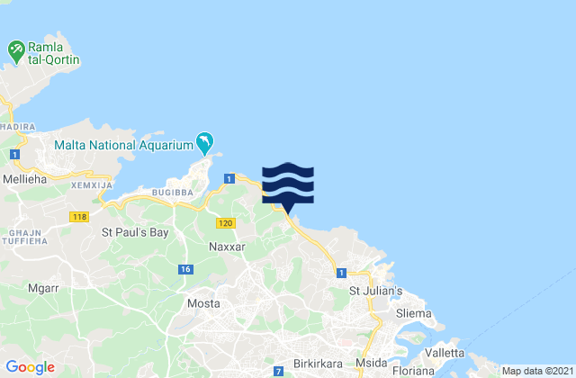 Mapa da tábua de marés em Attard, Malta