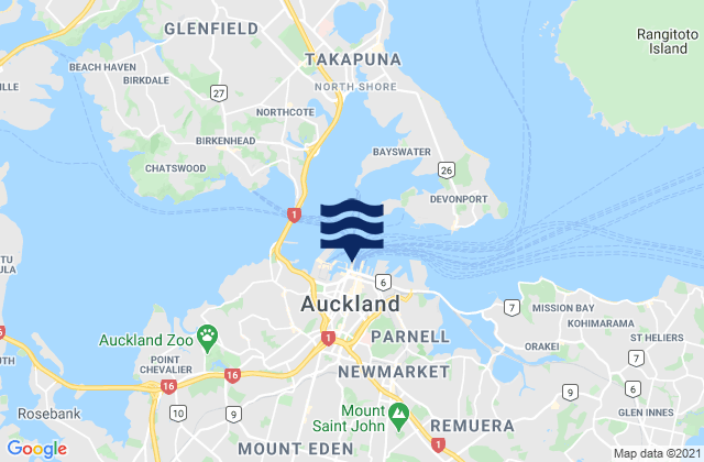 Mapa da tábua de marés em Auckland, New Zealand