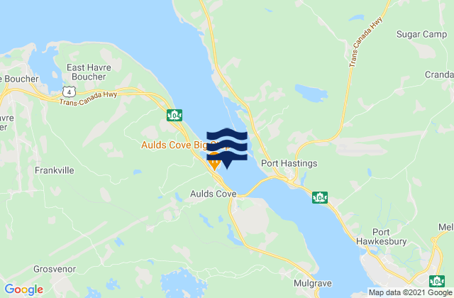 Mapa da tábua de marés em Aulds Cove, Canada