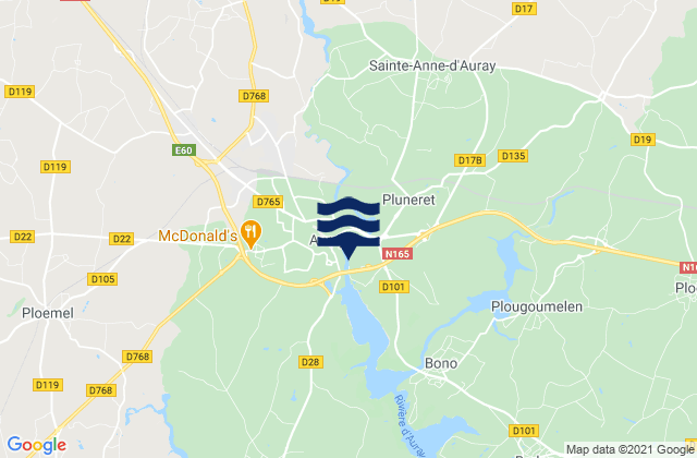 Mapa da tábua de marés em Auray Morbihan, France