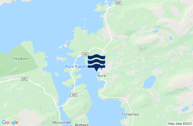 Mapa da tábua de marés em Aure, Norway