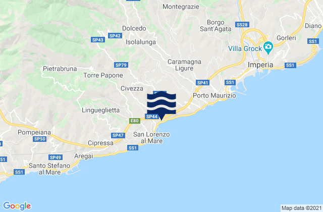 Mapa da tábua de marés em Aurigo, Italy
