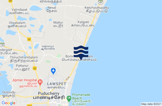 Mapa da tábua de marés em Auroville (Pondichery), India