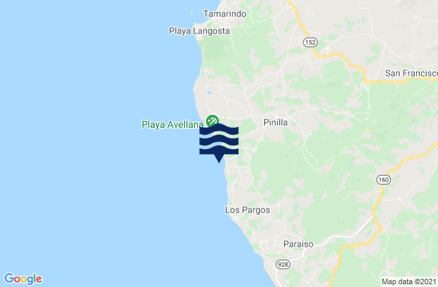Mapa da tábua de marés em Avellana, Costa Rica