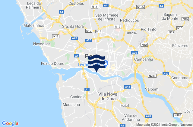 Mapa da tábua de marés em Avintes, Portugal