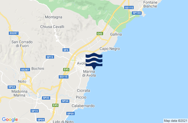 Mapa da tábua de marés em Avola, Italy