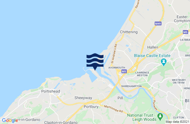 Mapa da tábua de marés em Avonmouth (Port of Bristol), United Kingdom