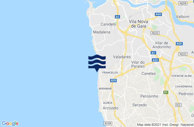 Mapa da tábua de marés em Azenha, Portugal