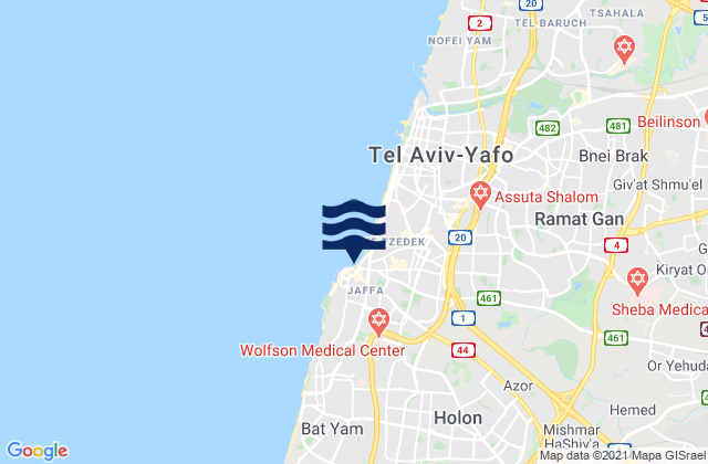 Mapa da tábua de marés em Azor, Israel