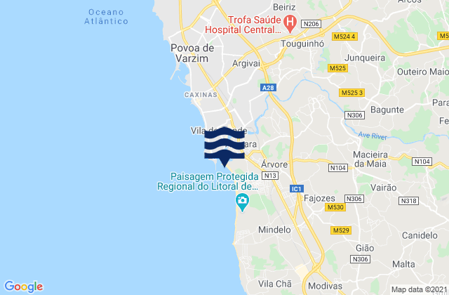 Mapa da tábua de marés em Azurara, Portugal