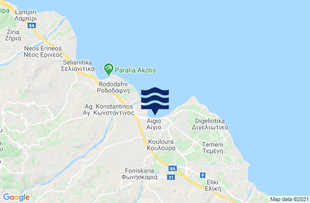 Mapa da tábua de marés em Aígio, Greece