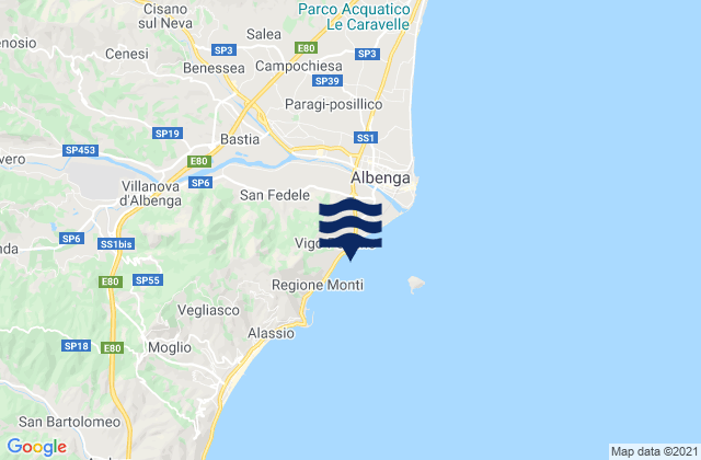 Mapa da tábua de marés em Baba Beach, Italy