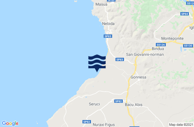 Mapa da tábua de marés em Bacu Abis, Italy